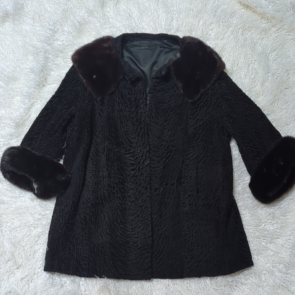 ⭐ VINTAGE ⭐ Jackie-O Style  ~MINK & Persian Lamb Fur COAT SMALL